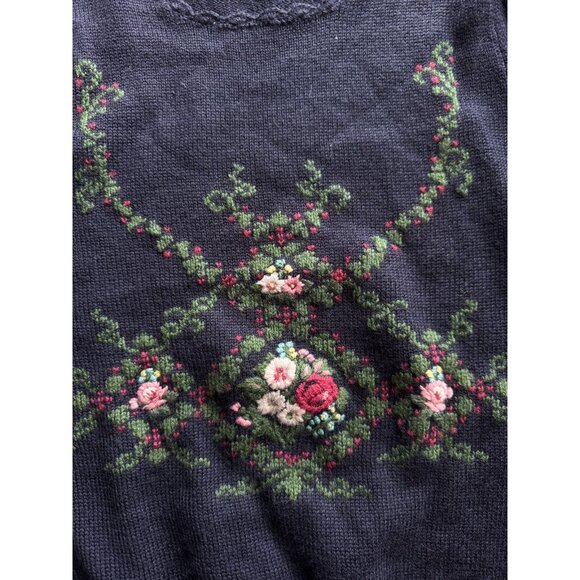 Vintage 90's HERMAN GEIST Navy Blue Knit Hand Embroidered Floral Sweater, Size S - Picture 10 of 12